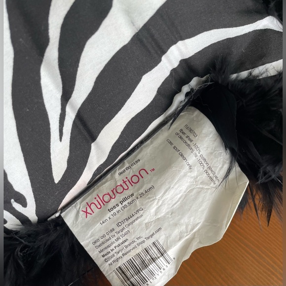 Pair Of Throw Pillows - Black & White Zebra Strip Pattern Black Feather Trim - Picture 4 of 7